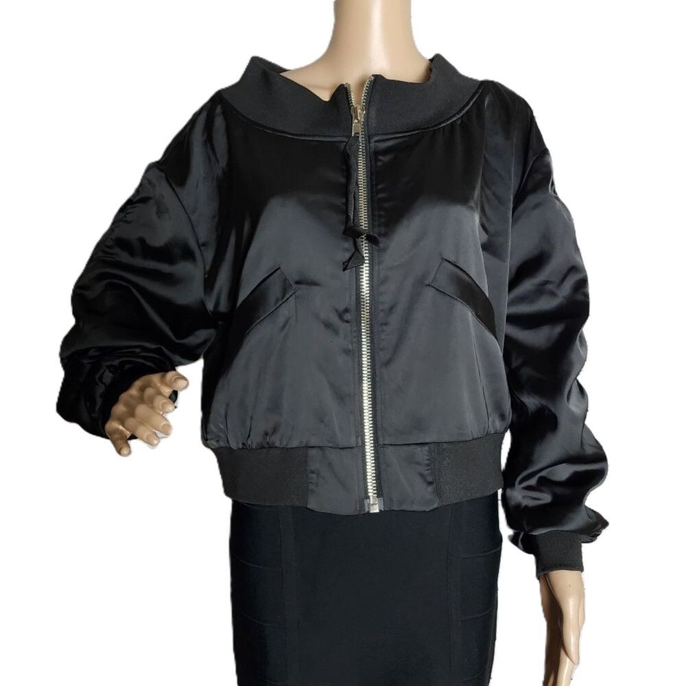 Alpha & Omega Interstellar Bomber Jacket Black Satin Off The Shoulder - Small